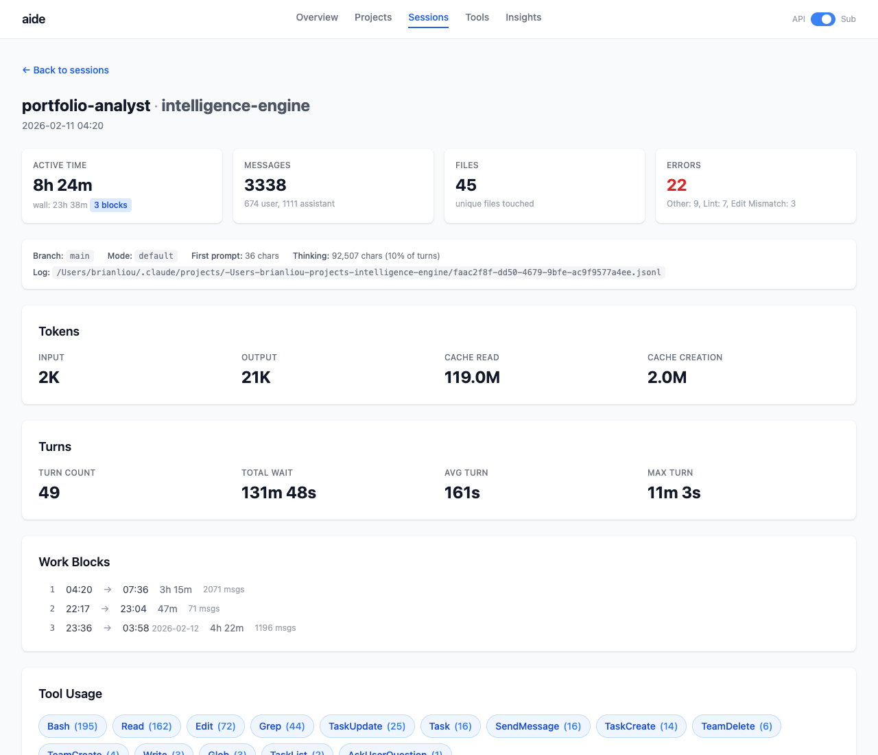 Session detail showing tokens, tools, and files