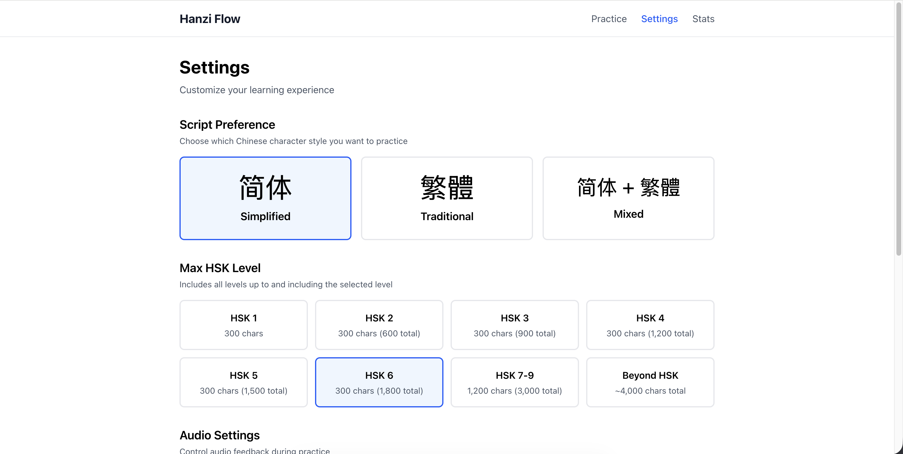 Settings page showing script and HSK level preferences