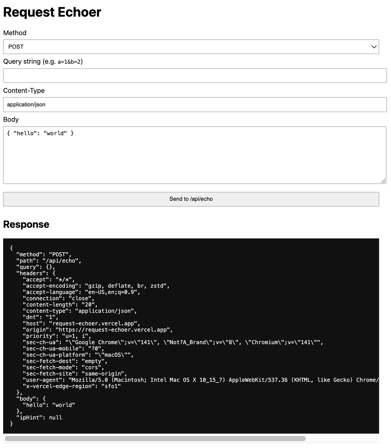 Request Echoer UI showing echoed request metadata